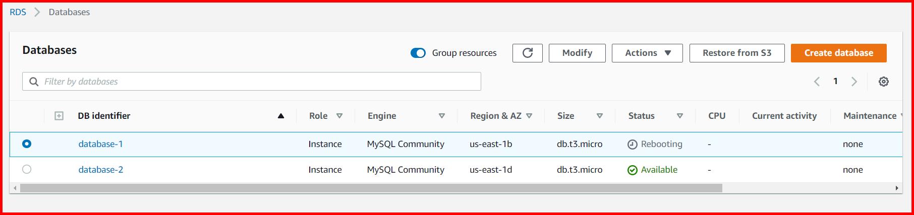 Picture showing the database-1 reboot in progress